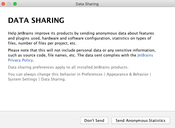 ristkari's tweet photo. What the f… dark pattern is this @jetbrains? Each time opening Goland I get asked about data sharing. No, I don’t want to share data. Just accept it and stop harrassing. https://t.co/ansrSrlPba