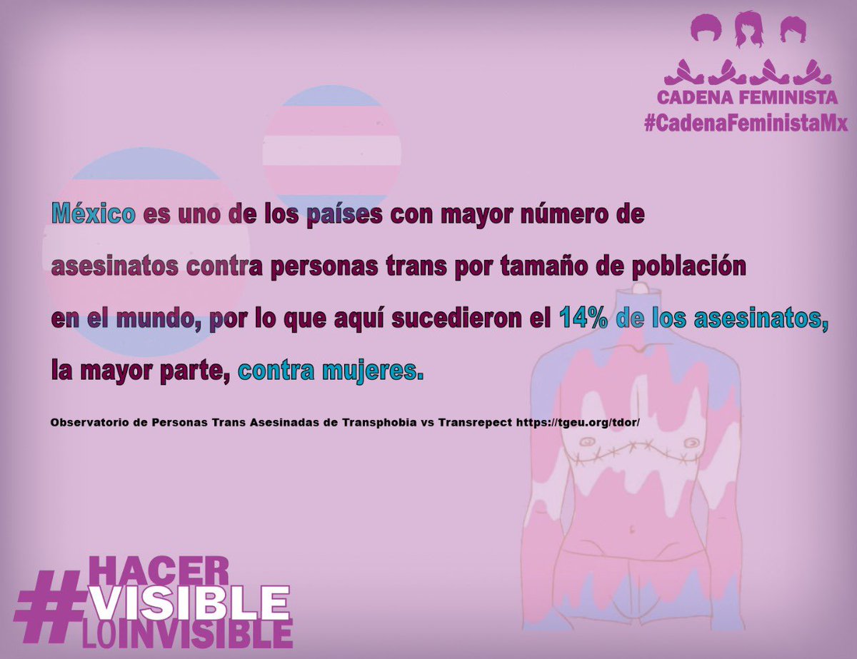 En la #CadenaFeministaMx estamos convencidas de #HacerVisibleLoInvisible con las mujeres trans y como han sido violentadas, por eso alzamos la voz para decir #YaBasta #7M <a href="/elisaalanis/">Elisa Alanís Zurutuza 🕊️</a> <a href="/azucenau/">Azucena Uresti</a> <a href="/YuririaSierra/">Yuriria Sierra</a> <a href="/DeniseMaerker/">Denise Maerker</a> <a href="/AristeguiOnline/">Aristegui Noticias</a> @ADNInforma <a href="/CanalOnceTV/">Canal Once</a> <a href="/ImagenTVMex/">Imagen Televisión</a>