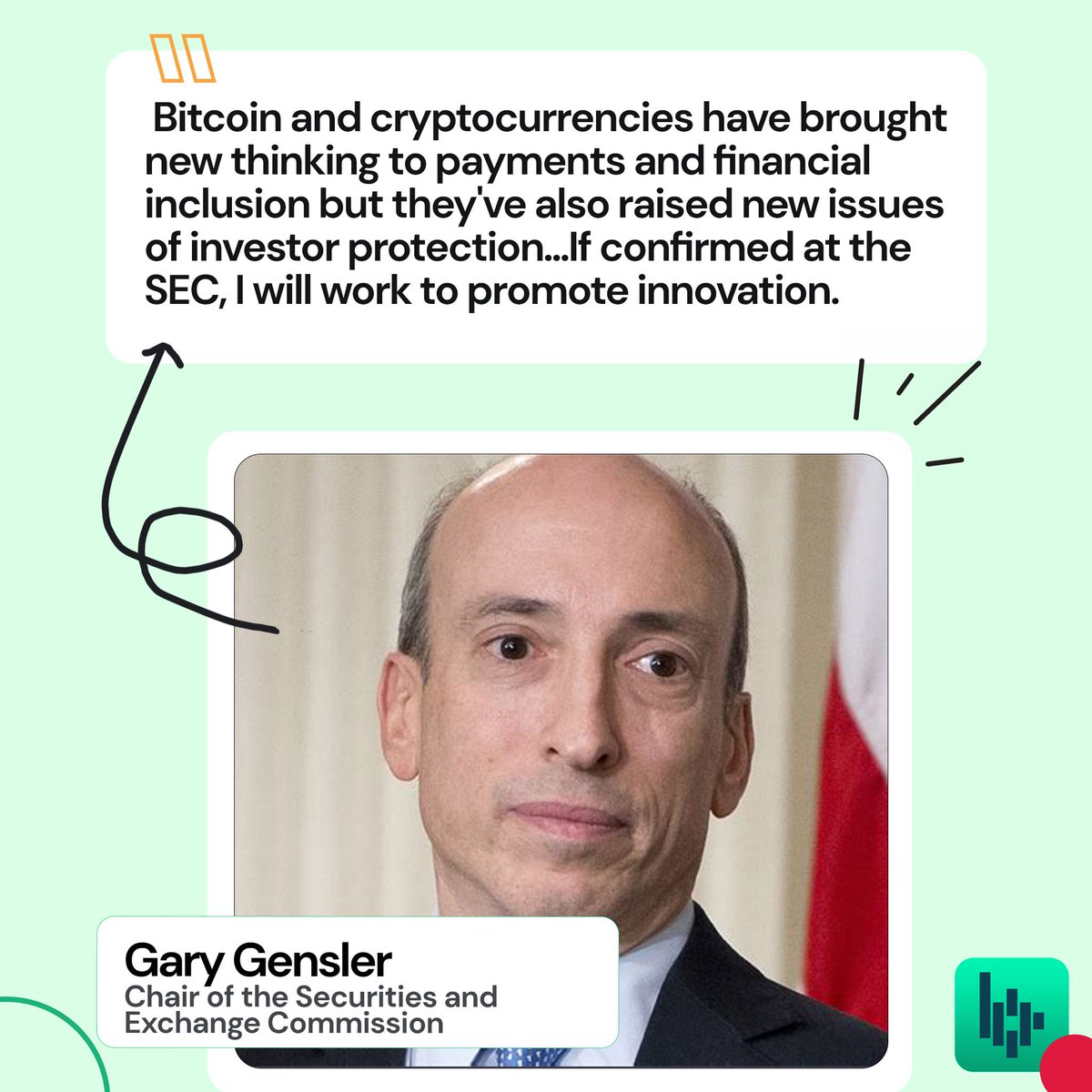 bitperse's tweet photo. Bitcoin and cryptocurrencies have brought 
new thinking to payments and financial 
inclusion but they've also raised new issues 
of investor protection...If confirmed at the 
SEC, I will work to promote innovation.
#Bitcoin #Bitperse #BTC #Crypto #Cryptocurrency #mission2021 https://t.co/YwMyFw3cTX