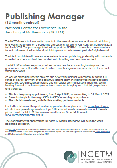 stevejmcc's tweet photo. We're looking for someone with experience in educational publishing to join us on a one-year contract from after Easter. Some experience with maths content would be ideal. Application deadline 12 March. More details and application form https://t.co/z69PS9xPbD https://t.co/6wmUR0Idbu