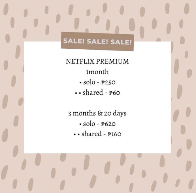 nflix_ph's tweet photo. SALE! SALE! SALE! AVAILABLE TODAY! NETFLIX PREMIUM!

1month
• solo - ₱250
• shared - ₱60

3 months &amp; 20 days
• solo - ₱620
• shared - ₱160 https://t.co/VCcDcURVgd