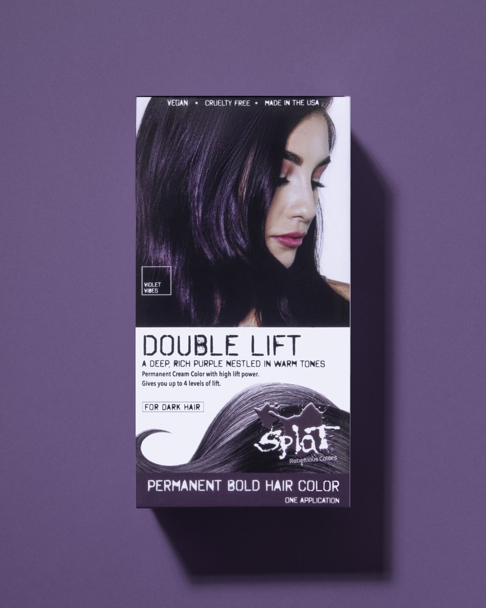 splathaircolor's tweet photo. #SplatDoubleLift is a permanent hair color that lifts and deposits color in one step with an easy application cream formula that features Aloe Vera to hydrate and condition.

'Violet Vibes' gives a deep rich purple nestled in warm tones for dark hair. https://t.co/79IIKvGSf4