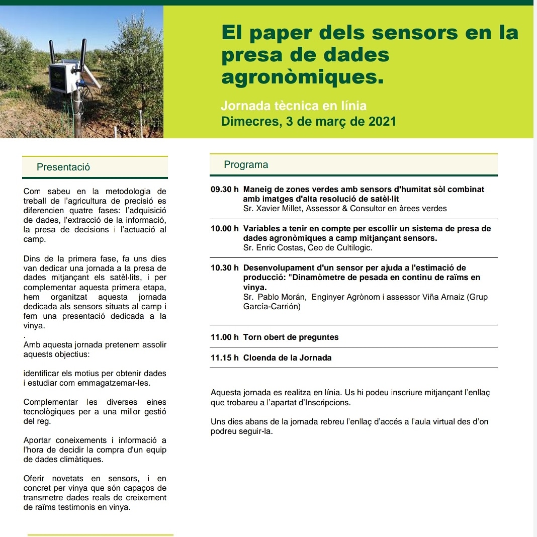 cultilogic_cat's tweet photo. Demà participarem en aquesta jornada online amb una ponència sobre que cal tenir en compte per escollir un sistema de captació de dades a camp. @eaemporda  @ruralcat #agricultura https://t.co/c6PLMA1KkR