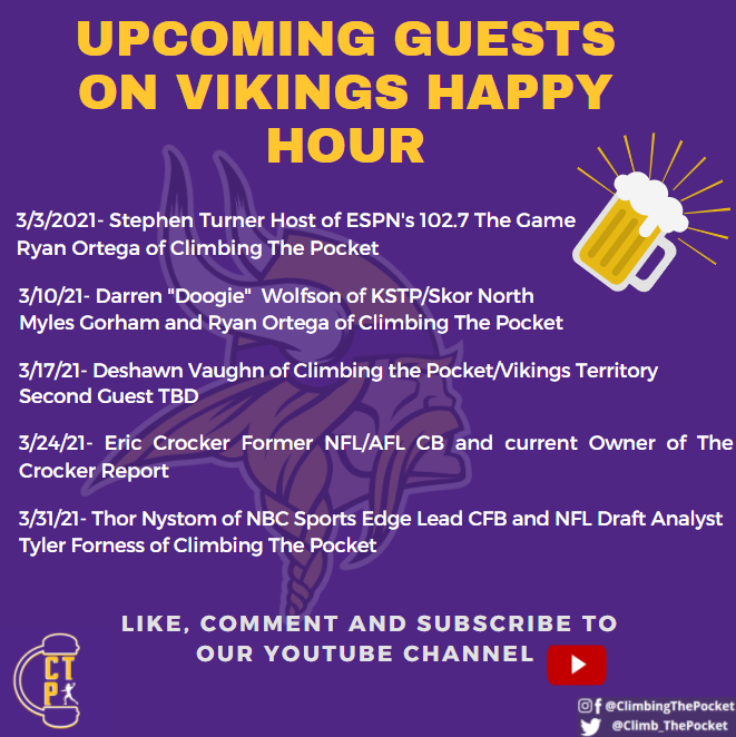 A reminder not to miss out on some 🔥🔥 guests for #Vikings Happy Hour this month!
We'll be talking Free Agency for the next few weeks and then we will hit the ground running towards the end of the month all the way through April w/HEAVY draft coverage.
Don't miss out! #SKOL https://t.co/A9gpoC9b18