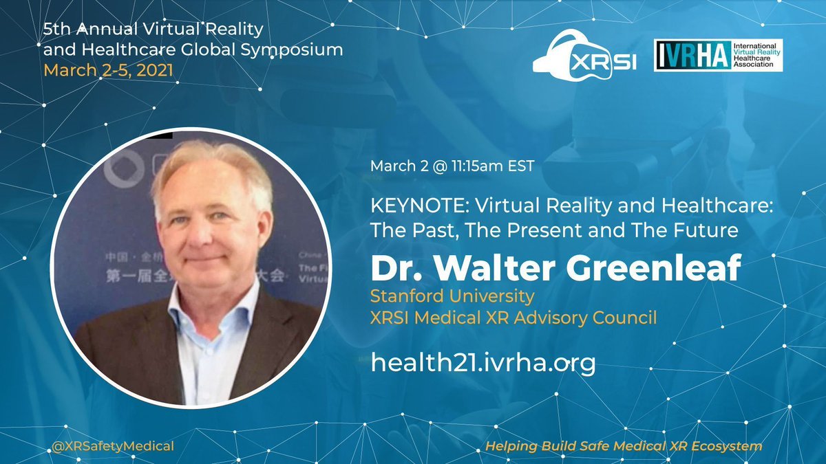 Brilliant keynote by Walter Greenleaf on VR & Healthcare to kick off the 5th Annual VR & Healthcare Global Symposium. One quote: 'VR exposure permits individualized, controlled, immersive exposure that is often more acceptable to patients than in vivo or imaginal exposure” #IVRHA