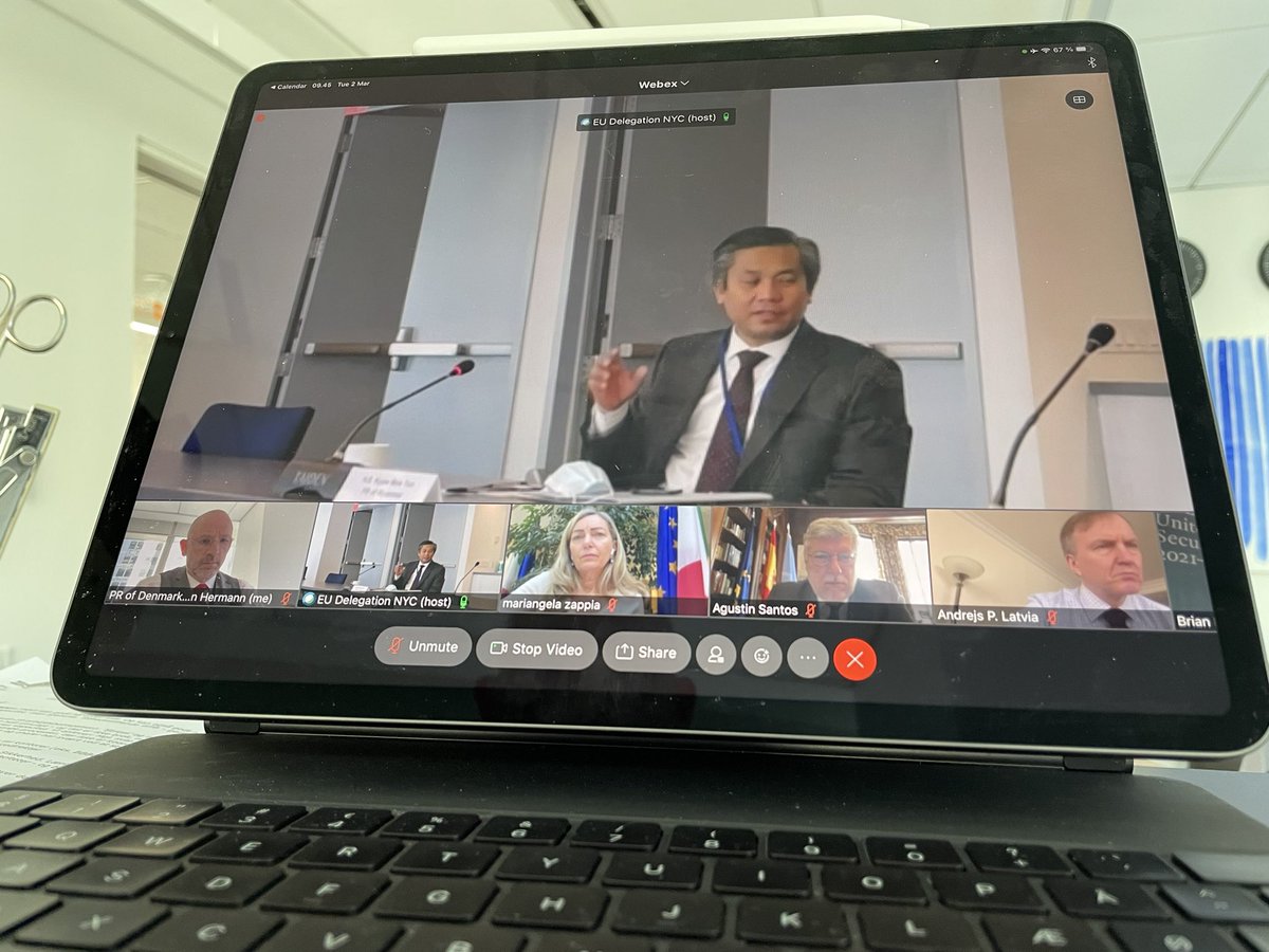 My good colleague the Permanent Representative of Myanmar 🇲🇲 to the <a href="/UN/">United Nations</a> 🇺🇳 Kyaw Moe Tun participated in today’s meeting with #EU Ambassadors. #Denmark 🇩🇰 &amp; the rest of the European Union 🇪🇺stands w the people of Myanmar. Also at the UN &amp; in New York. #WhatsHappeninglnMyanmar