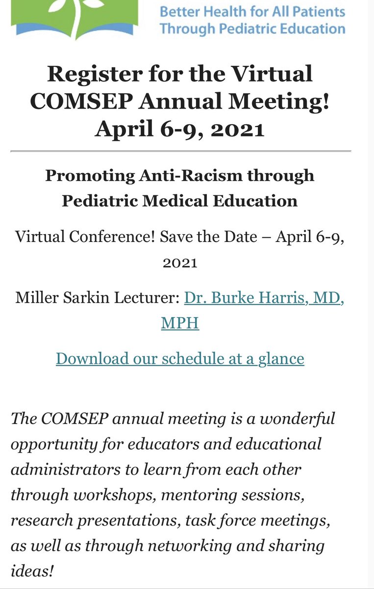 COMSEPediatrics's tweet photo. It’s time to register! Promoting Anti-Racism through Pediatric #MedEd @COMSEPediatrics annual meeting featuring @DrBurkeHarris https://t.co/p34BmDiP7z https://t.co/MX2TCVkFoP