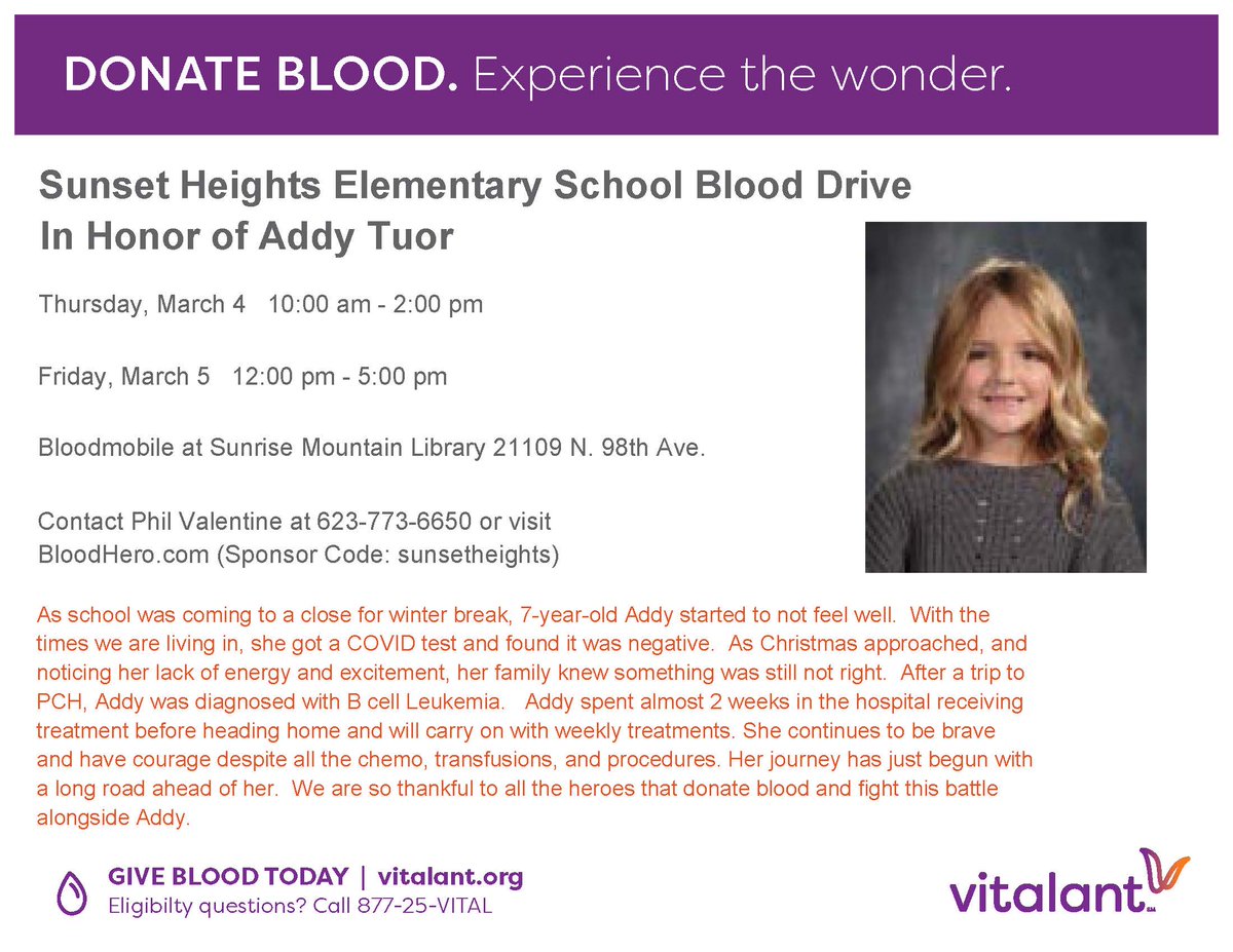 Sunset Heights Elem. is holding a Blood Drive in honor of one of their students. Let's come together as PUSD and show our support for Addy ❤️
March 4th and 5th at Sunrise Mtn Library.