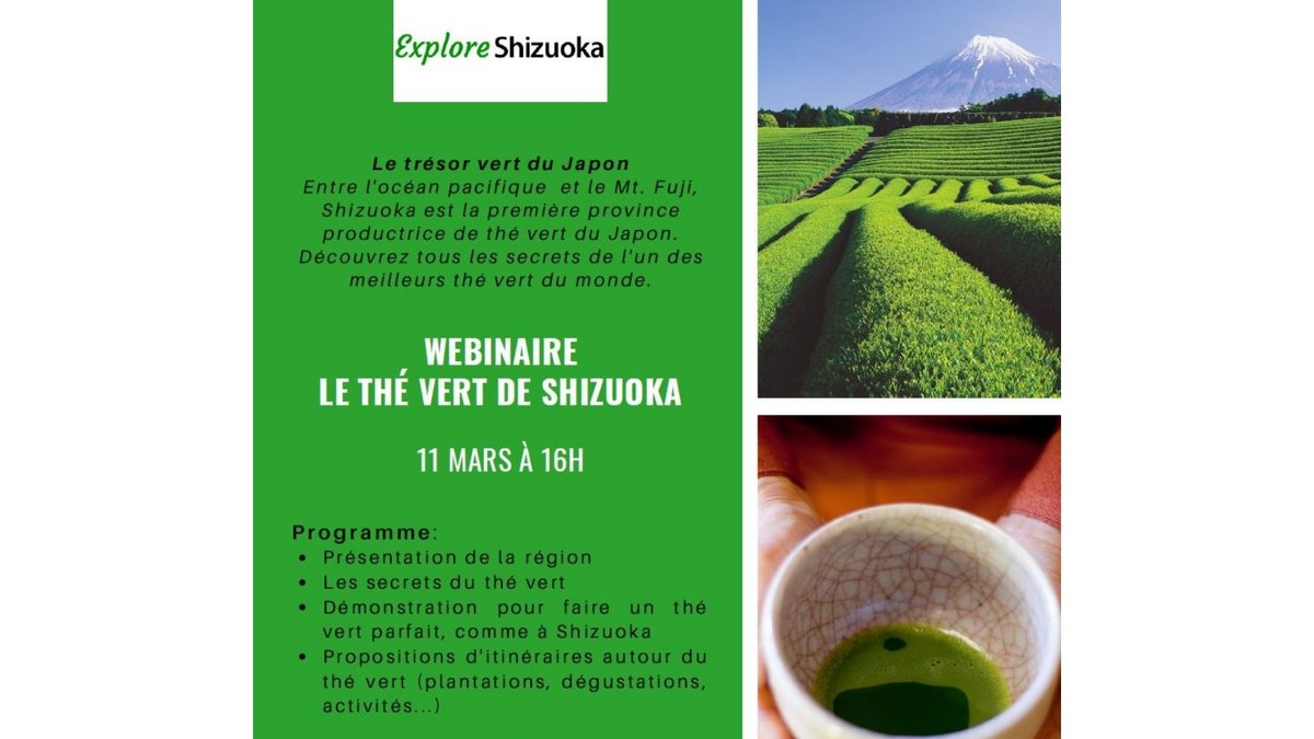 ExpressConseil's tweet photo. 🇯🇵💻 #webinaire Devenez un expert du thé vert de Shizuoka, le trésor du #Japon, découvrez ses secrets et des itinéraires de voyage thématique !
📅 11 mars à 16h
📝 Inscriptions: https://t.co/ag964ZZTyU 
#VoyagerDemain #Tourisme #Shizuoka @TokaidoShizuoka https://t.co/w3B76BIhUe