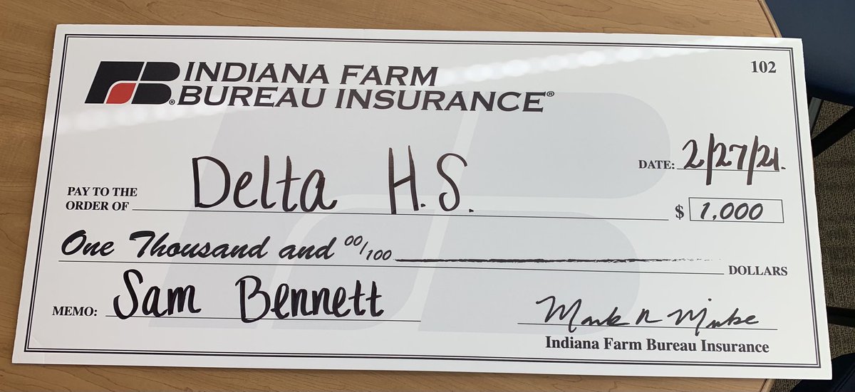 PrinDHS's tweet photo. Sam Bennett dropped off a gift for Delta High School today.  This award from IFBI will go into a scholarship fund for deserving DHS students. Congratulations and thanks Sam! ⁦@eagles_sports⁩ ⁦@delcom_schools⁩ ⁦@SuptMann⁩ https://t.co/ZPkTo6OH9q