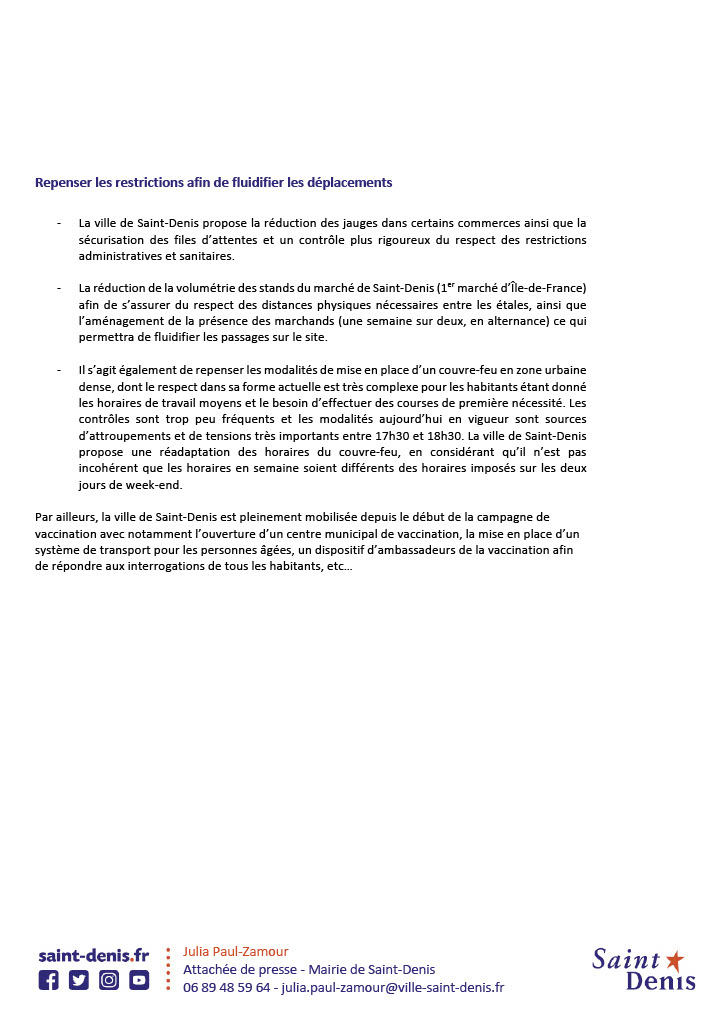 I COMMUNIQUÉ DE PRESSE I
La Ville de Saint-Denis se mobilise et propose 6 nouvelles
mesures de lutte contre l’épidémie de Covid-19

retrouvez le communiqué en ligne ⬇️
ville-saint-denis.fr/communique/la-…