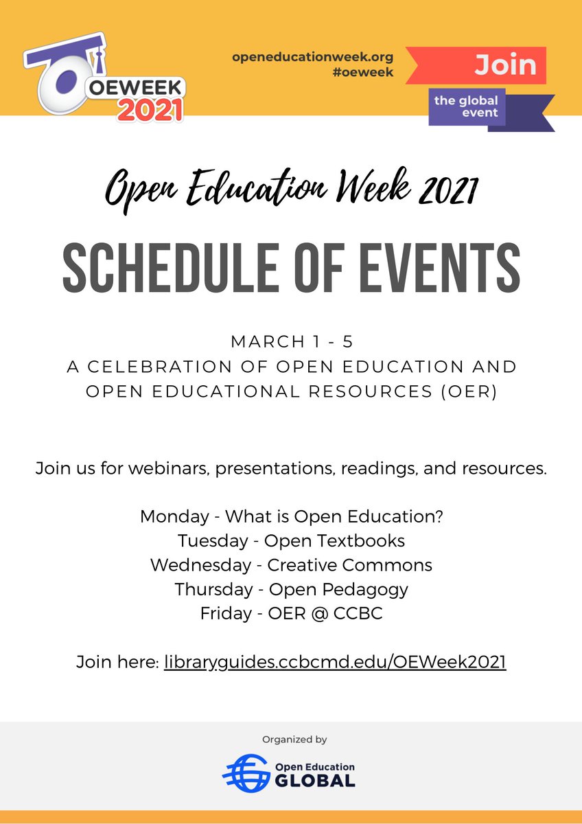 CCBCLibrary's tweet image. Welcome to the celebration of Open Education and Open Educational Resources (OER)! 

Here's the link below to learn more!
libraryguides.ccbcmd.edu/OEWeek2021