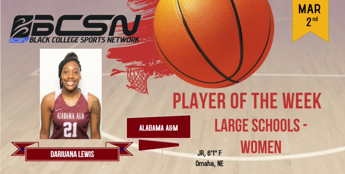 Black College Sports Network (@mybcsn1) on Twitter photo After leading <a href="/aamuwbb/">AAMU LADY BULLDOGS</a> to a 2-1 record, @Dariauna1 is our Large School POW. Her avg: 22.3ppg, 16.3rpg, 2.3bpg & 39.7 minutes/game. <a href="/AAMUBulldogs/">Ala. A&M Athletics</a> <a href="/aamuedu/">Alabama A&M University</a> <a href="/ScoresSwac/">SWAC Scores and Updates</a> <a href="/SWAC_Compliance/">SWAC Compliance</a> <a href="/theswac/">Southwestern Athletic Conference</a> <a href="/BcsnDrew/">BCSN A.D. Drew</a> <a href="/DrB365/">Coach Bryan</a> <a href="/DrKenyattaCavil/">J Kenyatta Cavil</a> <a href="/MikeWash88/">Michael Washington</a> <a href="/charlesbish1953/">Charles Bishop</a> After leading <a href="/aamuwbb/">AAMU LADY BULLDOGS</a> to a 2-1 record, @Dariauna1 is our Large School POW. Her avg: 22.3ppg, 16.3rpg, 2.3bpg & 39.7 minutes/game. <a href="/AAMUBulldogs/">Ala. A&M Athletics</a> <a href="/aamuedu/">Alabama A&M University</a> <a href="/ScoresSwac/">SWAC Scores and Updates</a> <a href="/SWAC_Compliance/">SWAC Compliance</a> <a href="/theswac/">Southwestern Athletic Conference</a> <a href="/BcsnDrew/">BCSN A.D. Drew</a> <a href="/DrB365/">Coach Bryan</a> <a href="/DrKenyattaCavil/">J Kenyatta Cavil</a> <a href="/MikeWash88/">Michael Washington</a> <a href="/charlesbish1953/">Charles Bishop</a>