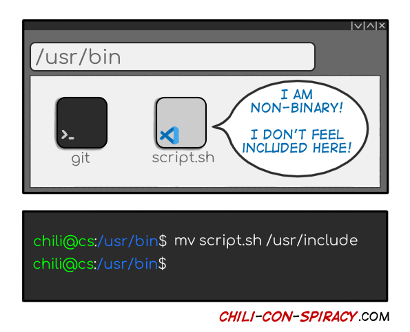 ChiliConS's tweet photo. How to make #nonbinary files feel more included in #linux https://t.co/MKRZoaDXUC