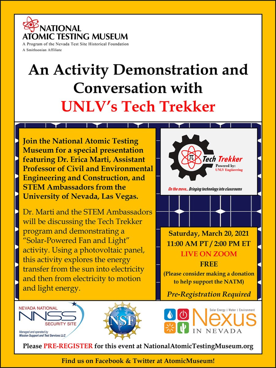 AtomicMuseum's tweet photo. Join the National Atomic Testing Museum on Saturday, March 20th at 11:00 AM PT (2:00 PM ET) for a special FREE webinar featuring Dr. Erica Marti and STEM Ambassadors from the @unlv Tech Trekker program. #UNLV #TechTrekker #Solar #LasVegas #Nevada #Museums https://t.co/TPFBF7HU1E