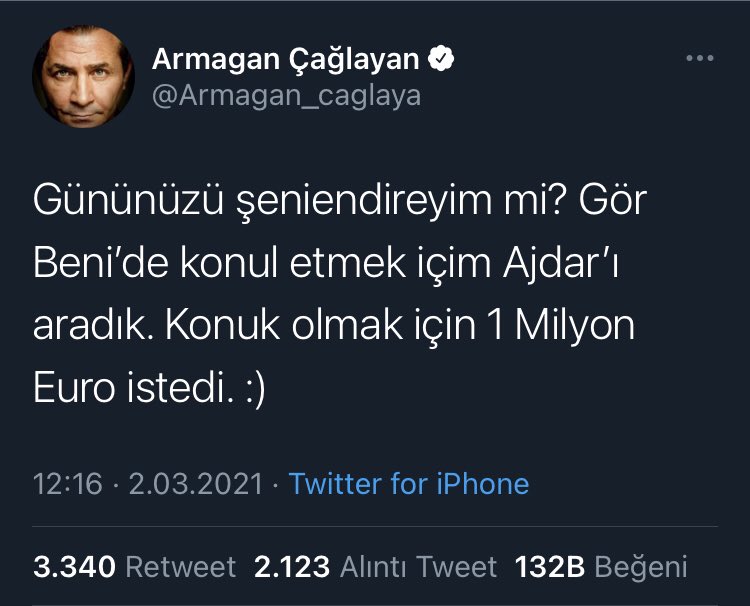 yubiliyo's tweet photo. Youtube’daki Gör Beni programı için davet ettiği Ajdar programa katılmak için 1 milyon euro (8 milyon 830 bin TL) istediğini söylemiş ve ardından Armağan Çağlayan’ın tweeti ektedir. https://t.co/yYstjId26W
