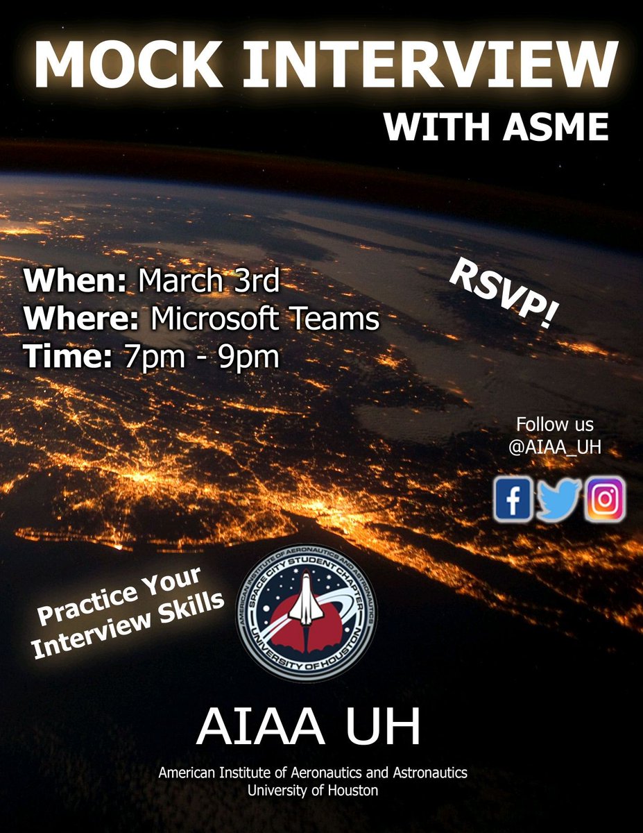 ASMEUH's tweet image. ASME &amp;amp; @AIAA_UH will be hosting Mock Interviews with Jacob&apos;s , Boeing , Honeywell and more! Join us on Wednesday from 7-9pm. RSVP in our bio!!

@uhengineering #gocoogs #uhengineering #cullenengineering #uh2024 #uh2023 #uh2022