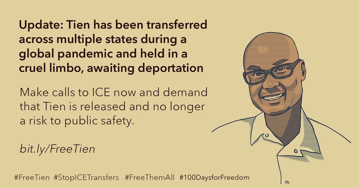 Tien Pham has been cruelly transferred across multiple states during #COVID19 and awaiting deportation. BPH &amp; <a href="/GavinNewsom/">Gavin Newsom</a> have already affirmed he should be released early. <a href="/ICEgov/">U.S. Immigration and Customs Enforcement</a>, Tien is not a risk to public safety &amp; should be released! #FreeTien #100daysforfreedom