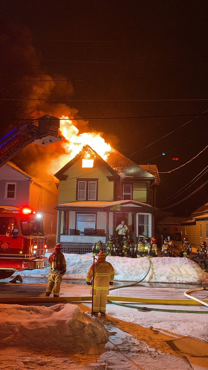 CortlandFire's tweet photo. Cortland FD responded @ 730 PM to an apartment fire 3/1/21.  Fire was on the back of the building &amp; the attic. FFs attacked the fire &amp; searched of the building. All occupants were accounted for.  The tower ladder was used to put out the fire. 1 person was taken to the hospital. https://t.co/1icmA9nnQn