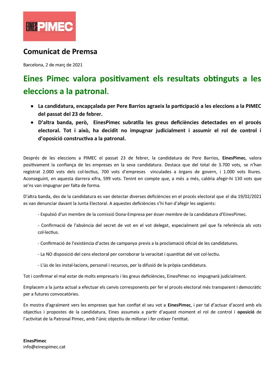 EinesPimec (@einespimec) on Twitter photo 🔴EinesPimec🔴
Després de les eleccions d'ara fa 7 dies, des d'<a href="/EinesPimec/">EinesPimec</a> us comuniquem que treballarem per:
🔺 representar l'empresariat q ens ha votat
🔺fer d'oposició constructiva al govern de PIMEC
🔺posar en valor autònoms+pimes d CAT
🔺democratitzar PIMEC
🔺sumar i crèixer 🔴EinesPimec🔴
Després de les eleccions d'ara fa 7 dies, des d'<a href="/EinesPimec/">EinesPimec</a> us comuniquem que treballarem per:
🔺 representar l'empresariat q ens ha votat
🔺fer d'oposició constructiva al govern de PIMEC
🔺posar en valor autònoms+pimes d CAT
🔺democratitzar PIMEC
🔺sumar i crèixer