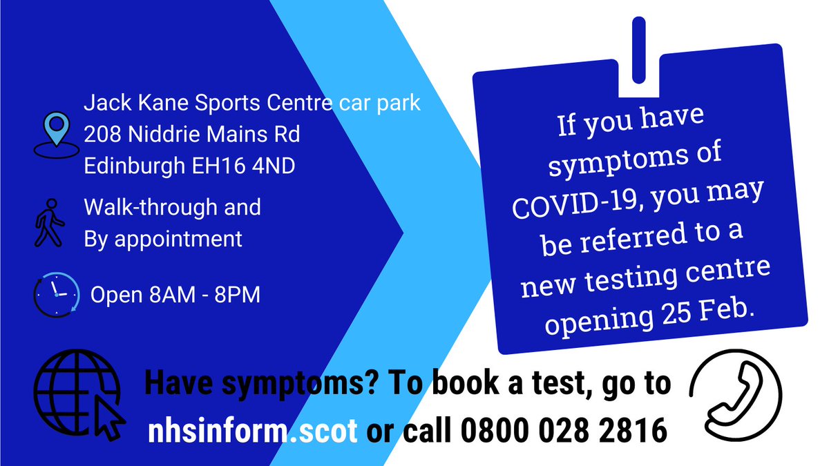 #ICYMI: Walk-through testing is now available for people with #coronavirus symptoms in Edinburgh Niddrie ⬇️

This centre is open 7 days a week – with appointments available from 8am to 8pm 
 
Tests must be booked in advance via nhsinform.scot/test-and-prote… or by calling 0800 028 2816