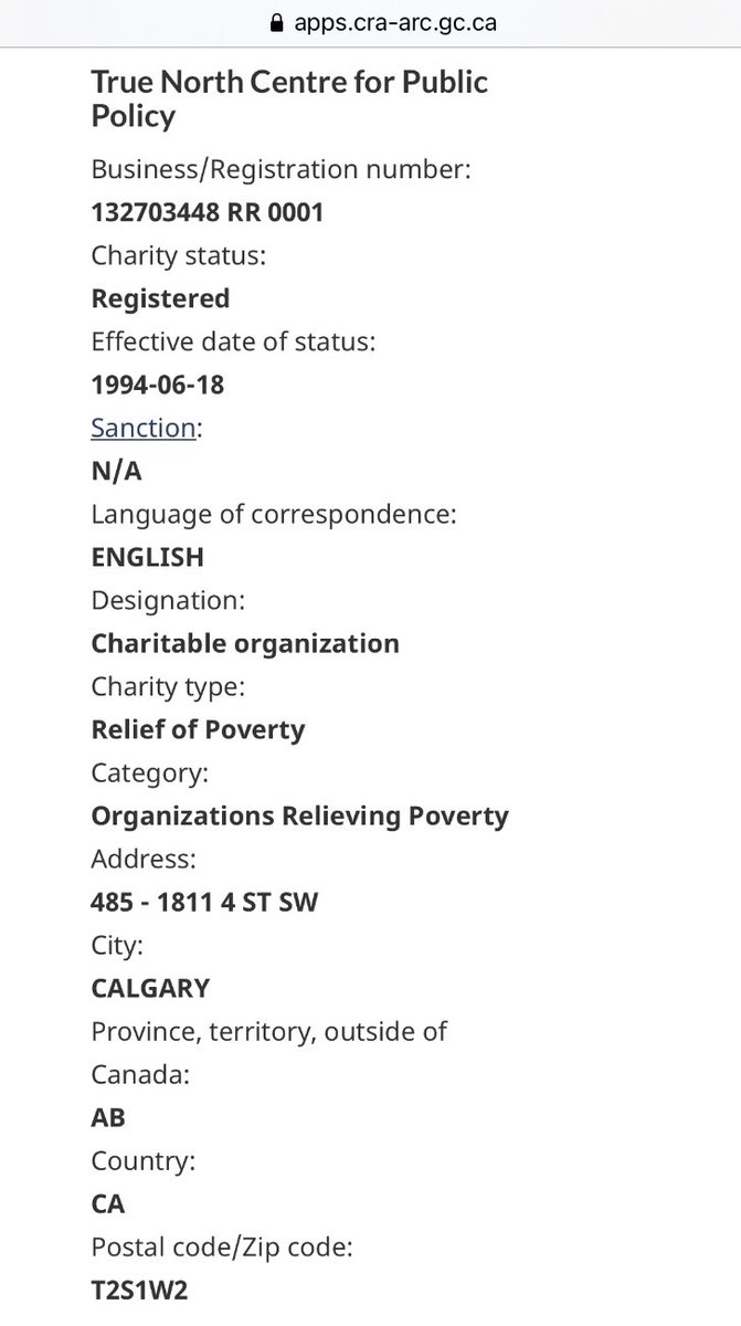  #TrueNorthCentre has a Twitter account since 2015. This organization then acquired a small obscure BC-based charity with low revenues by 2018. By 2019 they had nearly $1M in revenues & moved the address to Calgary (yet says on their Twitter they’re based in Toronto?) .  #cdnpoli