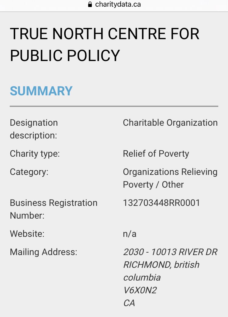  #TrueNorthCentre has a Twitter account since 2015. This organization then acquired a small obscure BC-based charity with low revenues by 2018. By 2019 they had nearly $1M in revenues & moved the address to Calgary (yet says on their Twitter they’re based in Toronto?) .  #cdnpoli