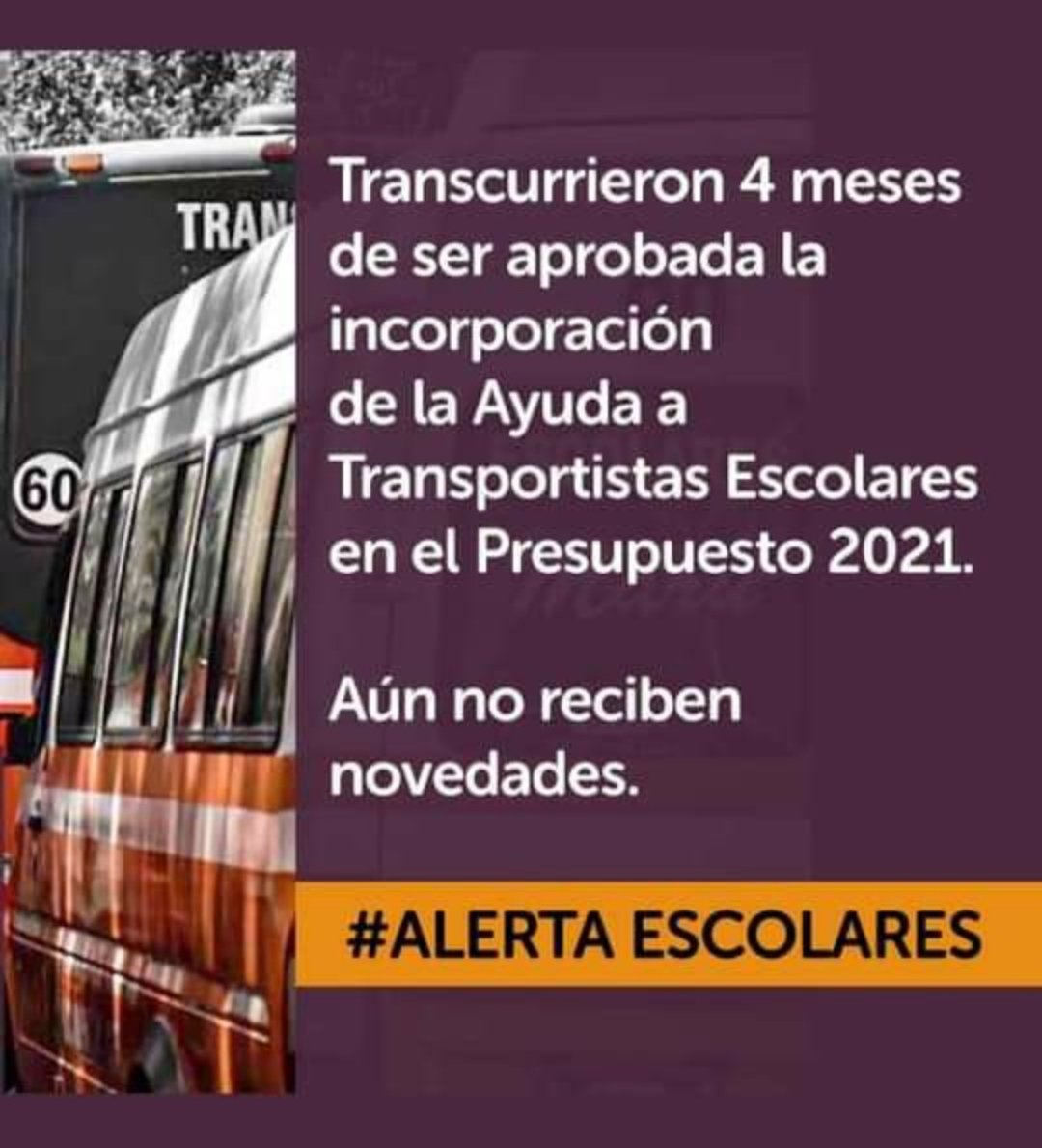 AlertaEscolares's tweet photo. Necesitamos la Inmediata implementación del Art. 73 de la ampliación de presupuesto 2021. Las 7400 familias que componen El Transporte Escolar Argentino esperan esa voluntad política que falta para recibir esa ayuda. @MariaLujan_Rey @mariomeoni @JCanoOK @AdriCCaceres @A24COM https://t.co/4TUnoupd1w