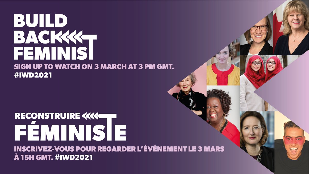 ⭐️In less than 24 hrs...
▪️ 1⃣ virtual stage
▪️ 9⃣ inspiring 🇨🇦 women
▪️ 1⃣ question: How do we build a better, fairer, safer, greener world for all post-#COVID?
Sign up now to receive *your* viewing link tmro at 10 am GMT & tune in at 3 pm GMT for #BuildBackFeminist. #IWD2021 https://t.co/dlbhoTDh5f