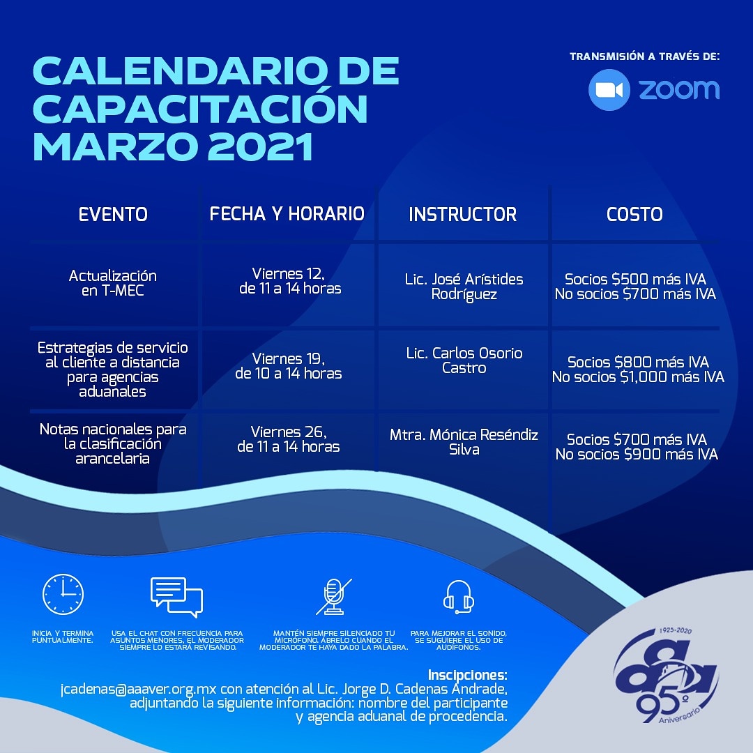 Por ser de interés general, la AAAVER presentan su calendario de capacitación para el mes de marzo 2021. 
Para mayores informes comunicarse al 22 99 89 60 00 extensión 6013 con el Lic. Jorge Cadenas, Coordinador de Capacitación AAAVER y por WhatsApp Business al 229 952 9074.