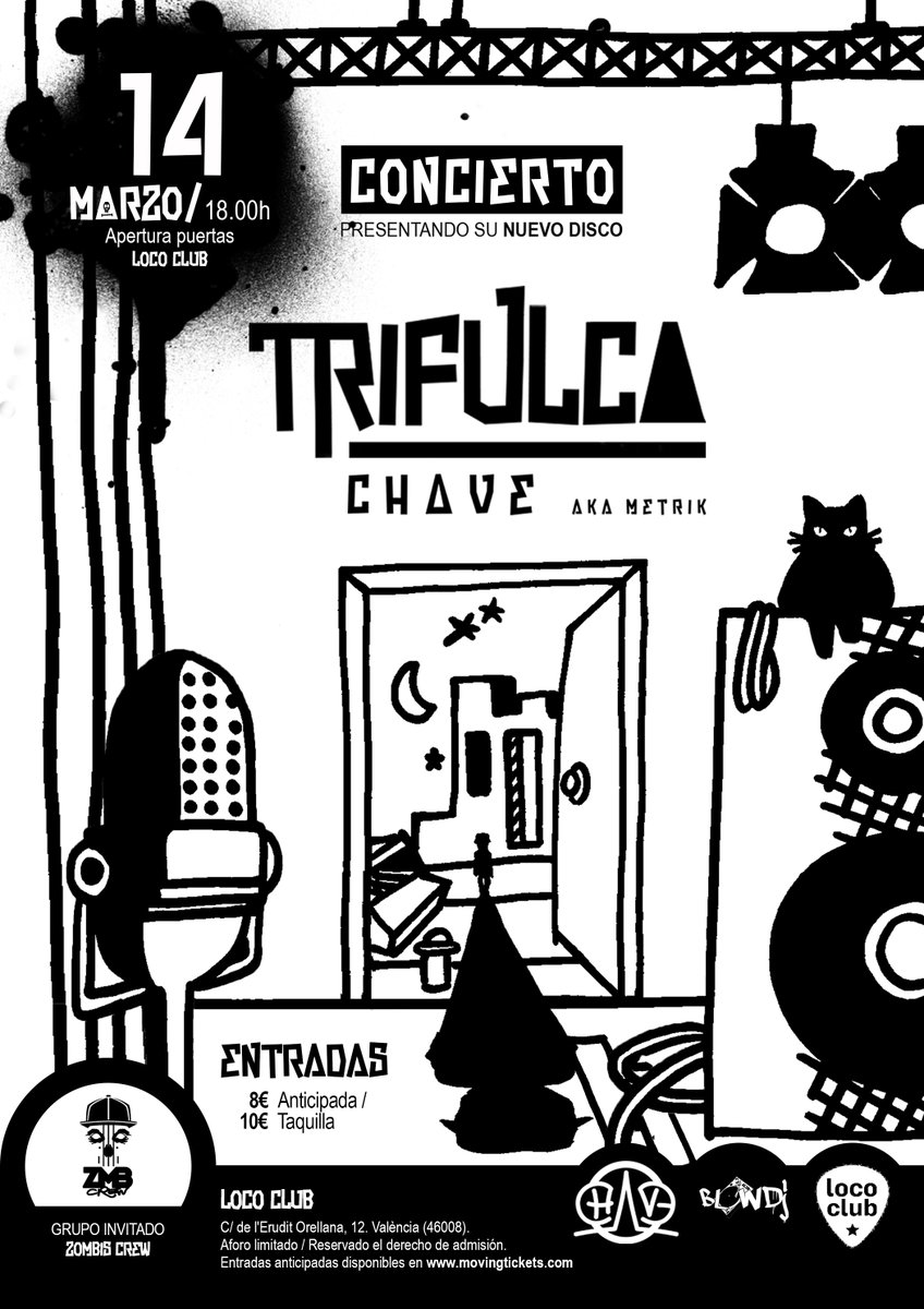 movingtickets's tweet image. .@chaveakametrik presenta nuevo trabajo #Trifulca con @ZMBCREWVLC  como banda invitada en una noche que prometen liarla 🙃 Será el 14 de #marzo y será en @SALALOCOCLUB! Entradas 🎟 movingtickets.com/compra/Entrada… 🎟 #culturasegura #Valencia