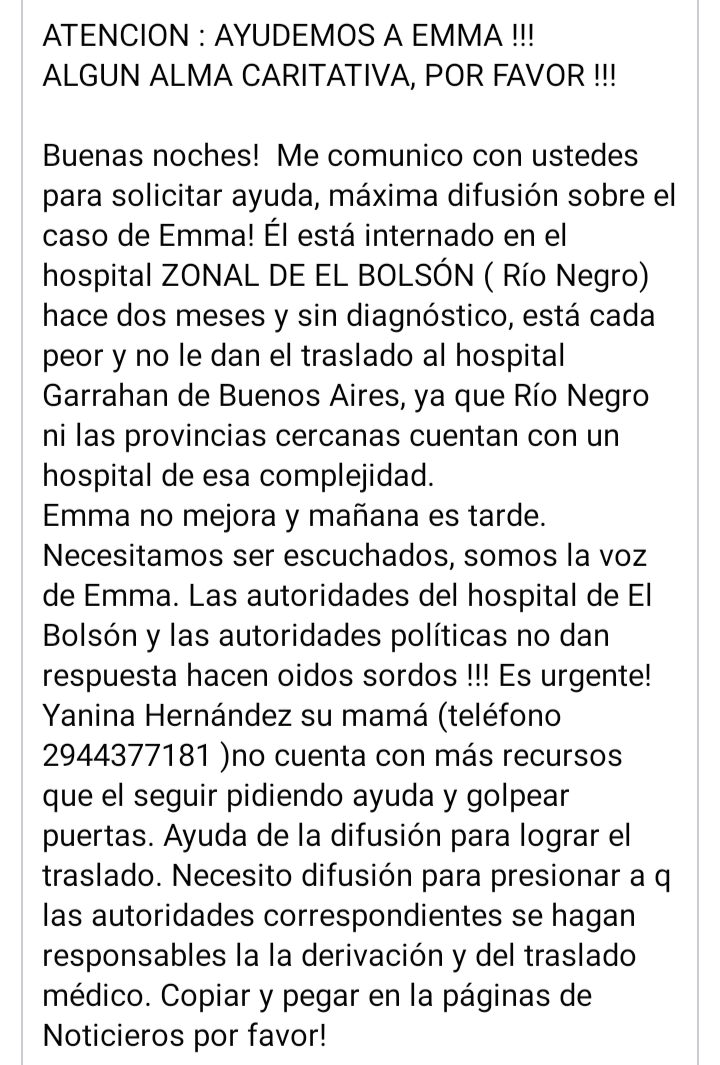 Este nene está abandonado a su suerte en el hospital de El Bolsón y nadie hace nada. Ayúdenme a difundir por favor a ver si algún funcionario hace algo.