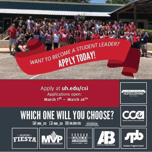 ❤️Do you love UH and want to have a greater impact on what happens on campus?❤️

Apply to be a student leader in one of our University Sponsored Organizations (USO)!

✨Applications open from March 1st to March 26th and can be found on CSI’s website (link is in our bio)!✨