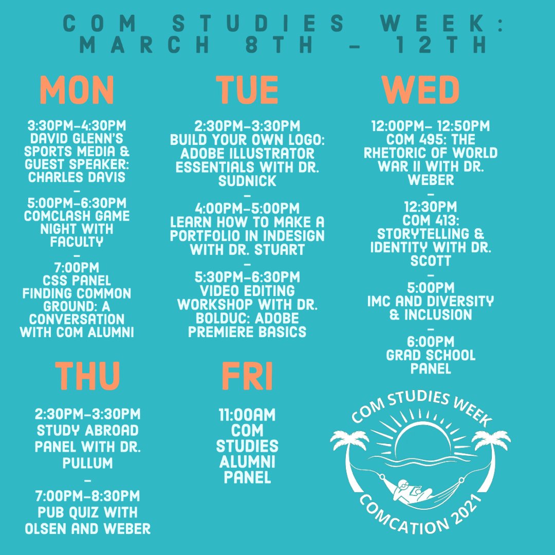 UNCWCOM's tweet photo. COM Studies Week Theme REVEALED!
☀️🌺🌴 #COMCation 🌴🌺☀️
Here is a full schedule for the week! 🌊 https://t.co/scL0pfjY7J