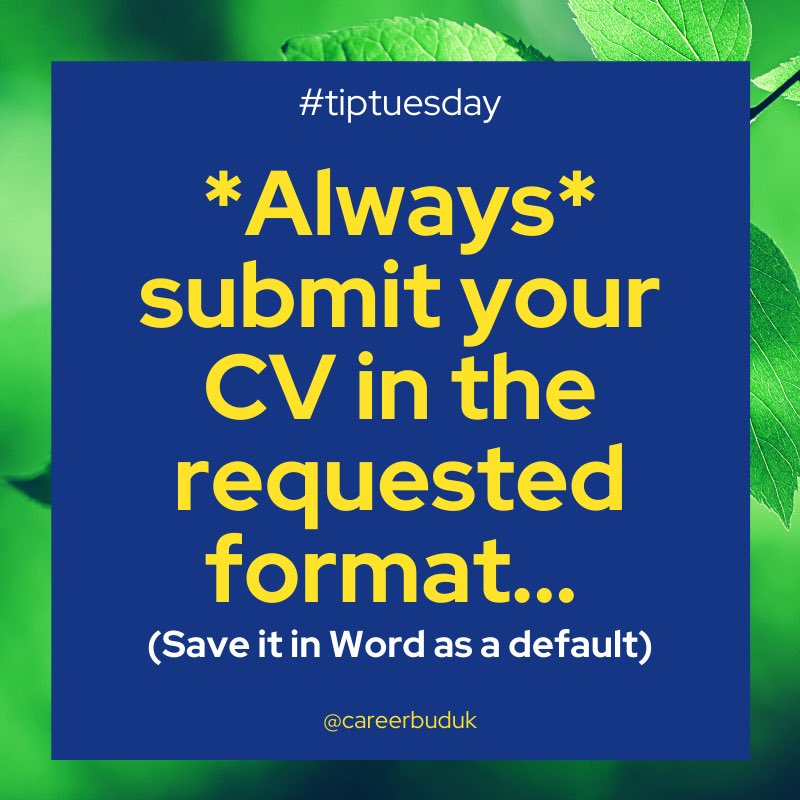 CareerBudUK's tweet image. ⚠️ 𝗜𝗠𝗣𝗢𝗥𝗧𝗔𝗡𝗧 𝗖𝗩 𝗧𝗜𝗣 ⚠️⁣
⁣
Tuesday’s Tip from CareerBud: Always submit your CV in the requested file format. As a default, save it in Word. Why? Some Applicant Tracking Systems can't read PDFs.⁣ 
⁣
#careertraining #careercoach #ncw2021 #tiptuesday #tuesdaytip