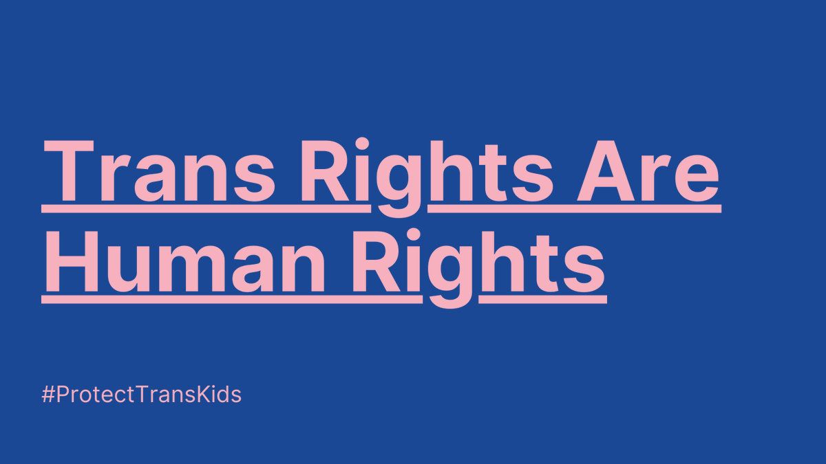 Blue background with pink letters that read "Trans Rights Are Human Rights" the words are underlined and underneath in small pink letters is the hash tag #ProtectTransKids