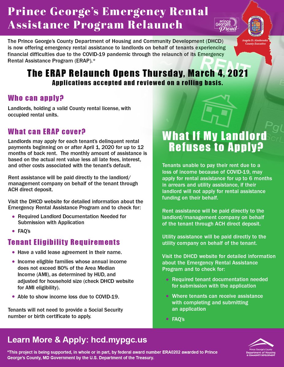 Due to a new round of funding, we will relaunch our Emergency Rental Assistance Program this Thursday, March 4. Landlords may apply on behalf of tenants experiencing financial difficulties due to the pandemic. #PGCCOVID19