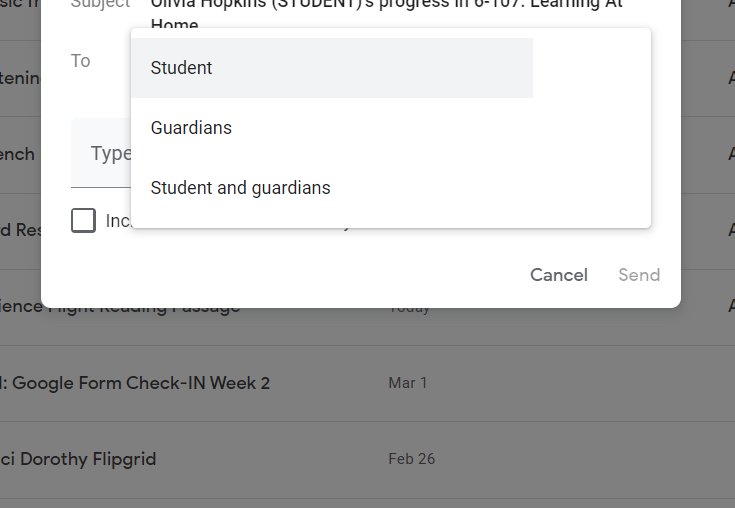 mme_hopkins's tweet photo. Did you know that you can send individual guardians and families a progress report in Google Classroom? Go to the people tab, select the student, click the envelope in the top right corner, select who you are emailing and check "include student work summary"! #NLESDVirtualTips https://t.co/2noAnJFsf6