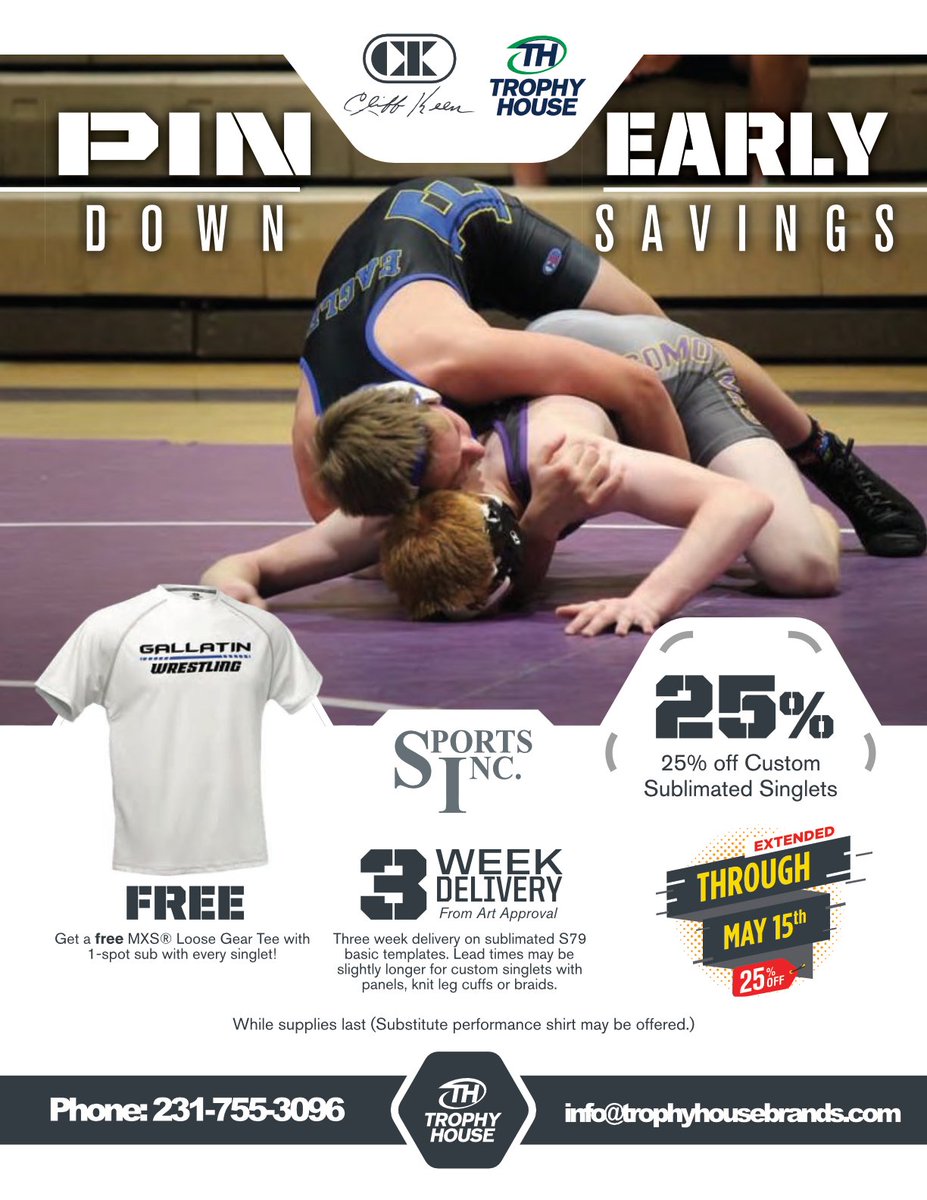 PIN DOWN EARLY SAVINGS! 💪
Save 25% off Custom Sublimated Singlets
Get a FREE MXS Loose Gear Tee (includes imprint) with every singlet
EXTENDED through May15th!!!⏰