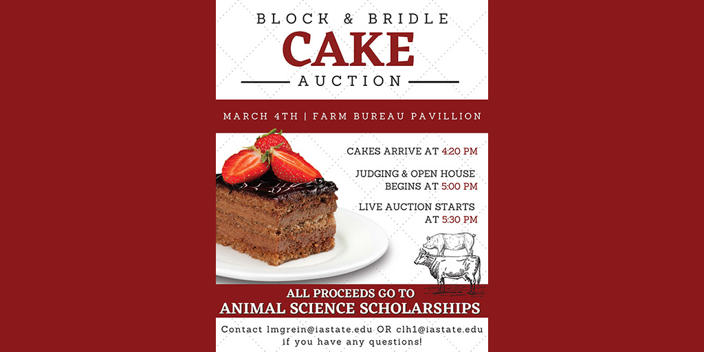 iastate_cals's tweet photo. Who's hungry for cake? 🎂 Attend the #ISUCALS 
@ISU_BlockBridle Club's Cake Auction March 4 in the Farm Bureau Pavilion of Kildee Hall to bid on your favorites. All proceeds go to animal science scholarships. https://t.co/SRngqIQmXV