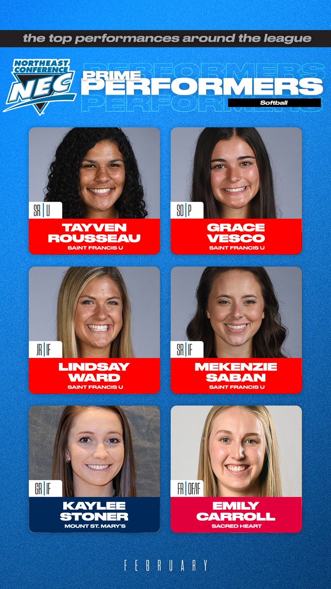 necsoftball's tweet photo. 🗣️ #NECSoftball Primer Performers of February

🔹Lindsay Ward, SFU
🔹Saban, SFU
🔹Grace Vesco, SFU
🔹Tayven Rousseau,  SFU
🔹Kaylee Stoner, MSM
🔹Emily Carroll, SHU https://t.co/CF75SgitDJ