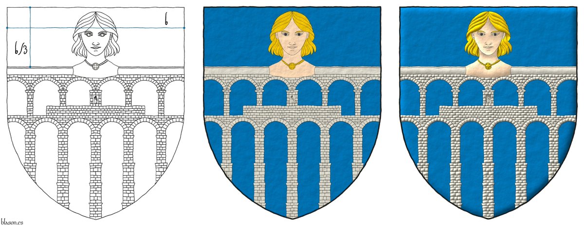 ntoniosalmeron's tweet photo. Coat of arms of the municipality of Segovia, Castile and Lion. The image shows in 3 steps how I emblazoned it. Blazon: Azure, an aqueduct Argent, masoned sable ensigned with a maiden's head proper.
_
#Step by step #Aqueduct #Masoned #Ensigned #Maiden #Head #Proper https://t.co/W8c2jVGdM7