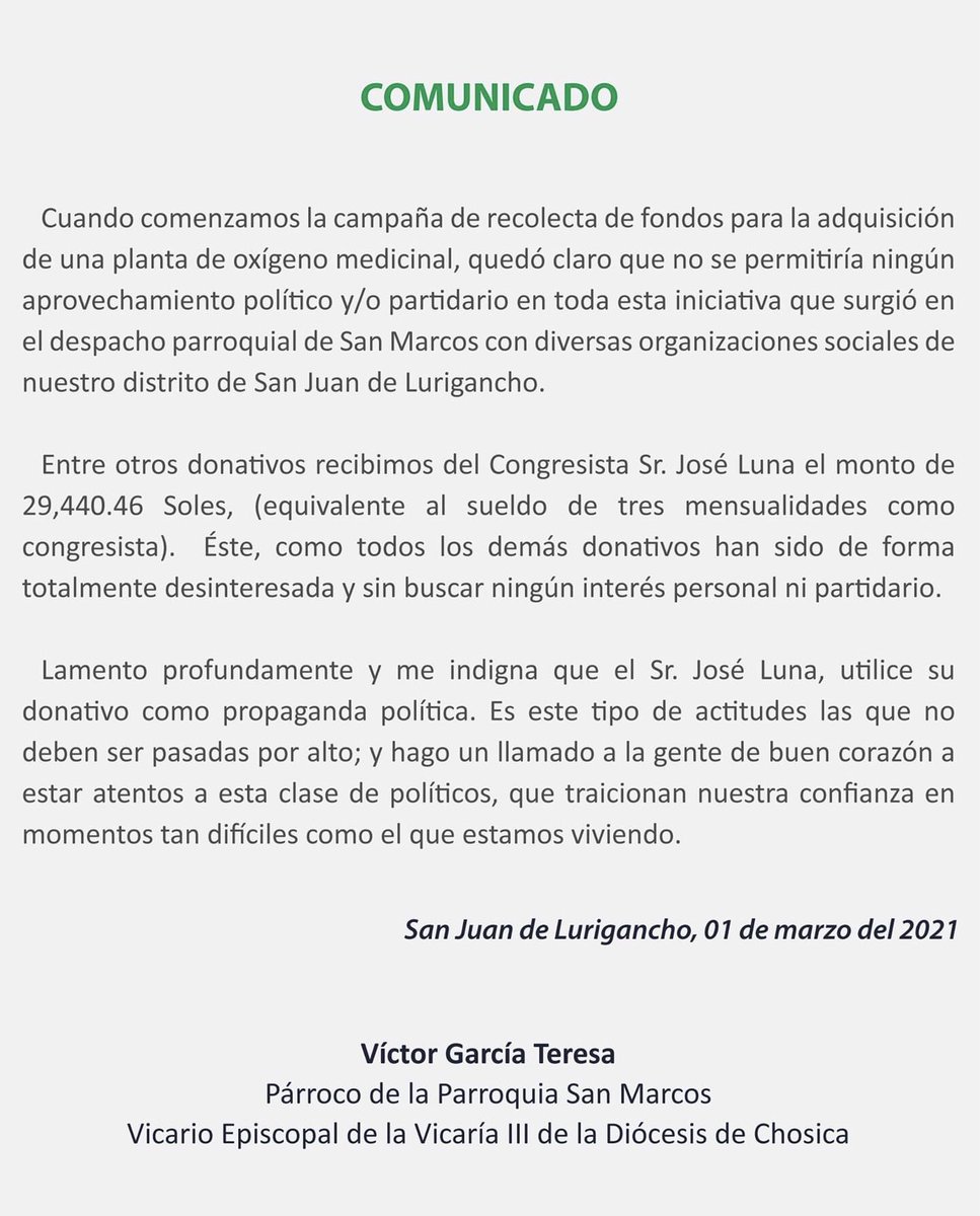 hurgamemoriaPE's tweet photo. El párroco Víctor Garcia envía comunicado en el que hace ver su indignación por el uso como propaganda política de un donativo realizado por @PodemosPepeLuna.

¡Qué tan miserable se puede ser para pretender sacar provecho hasta de eso! 

Gracias @DanielUrresti1!! https://t.co/SN3n27m448