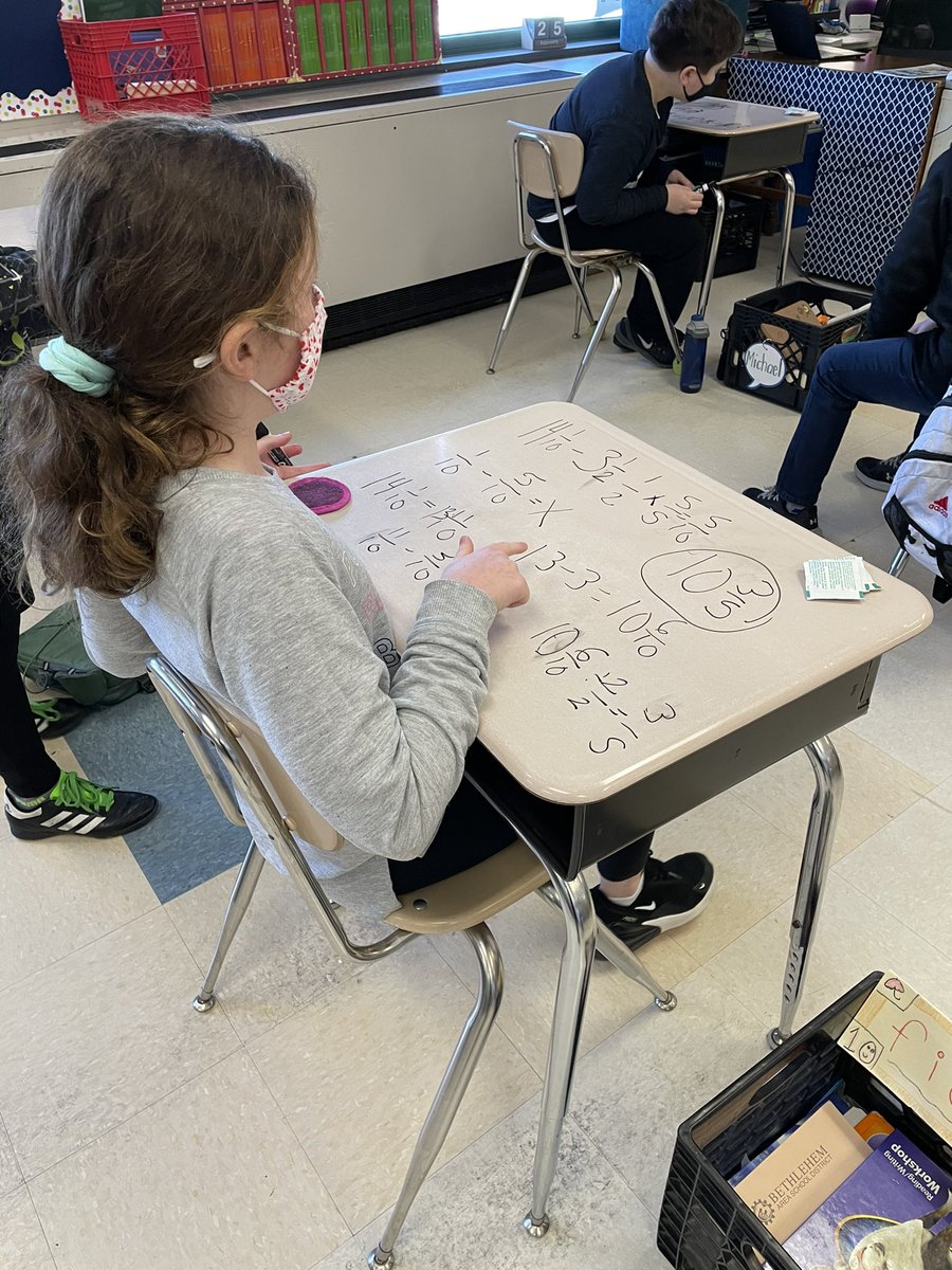 BASD_MrsCorrell's tweet image. When you need to liven up adding and subtracting mixed numbers... you write on desk tops!  @GovernorWolf #mathtalks #deskwriting #theywereshocked