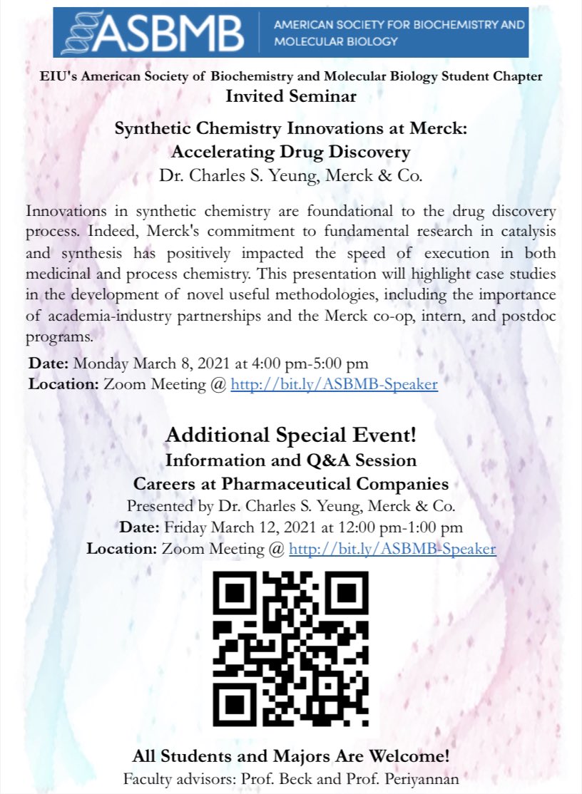 Our ASBMB student chapter will be hosting an online seminar with Dr. Charles Yeung of Merck. Dr. Yeung will be discussing how Merck is innovating novel drug discovery. Log on 4pm on Monday March 8th to catch this exciting seminar!