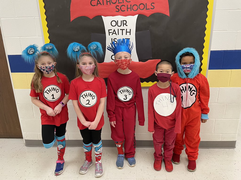 In honor of Read Across American Day the First graders dresses up like Dr. Seuss characters. We love to read!