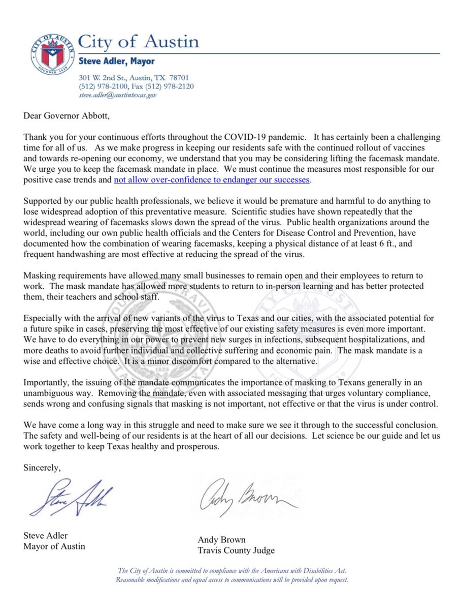 Mayor Adler (@mayoradler) on Twitter photo We are urging <a href="/GovAbbott/">Greg Abbott</a> to keep the mask mandate in place. Wearing masks keeps our businesses and schools safely open, decreases community spread of the virus and saves lives. #WearAMask
<a href="/TravisCoJudge/">Travis County Judge Andy Brown</a> We are urging <a href="/GovAbbott/">Greg Abbott</a> to keep the mask mandate in place. Wearing masks keeps our businesses and schools safely open, decreases community spread of the virus and saves lives. #WearAMask
<a href="/TravisCoJudge/">Travis County Judge Andy Brown</a>