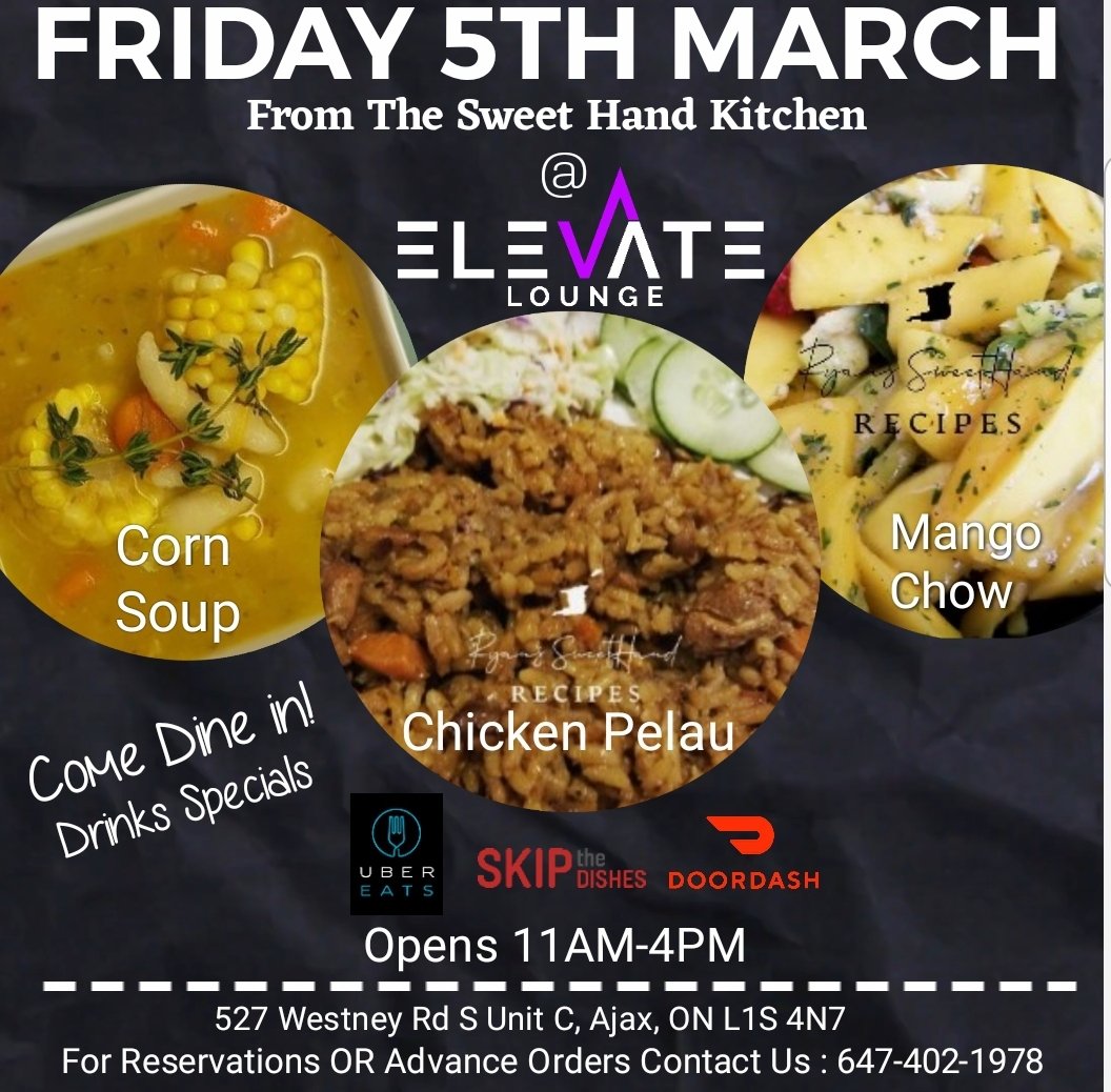 ryansweethand's tweet photo. Starting this weekend, the Sweethand Kitchen moved to Elevate lounge in Ajax. Reserve for dine in or place your orders in advance. Different Trinbago dishes everyweek. 
647-402-1978 https://t.co/X5rOCkMuJe