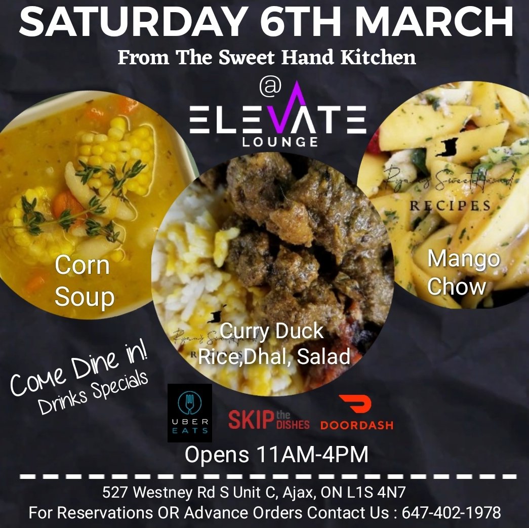 ryansweethand's tweet photo. Starting this weekend, the Sweethand Kitchen moved to Elevate lounge in Ajax. Reserve for dine in or place your orders in advance. Different Trinbago dishes everyweek. 
647-402-1978 https://t.co/X5rOCkMuJe