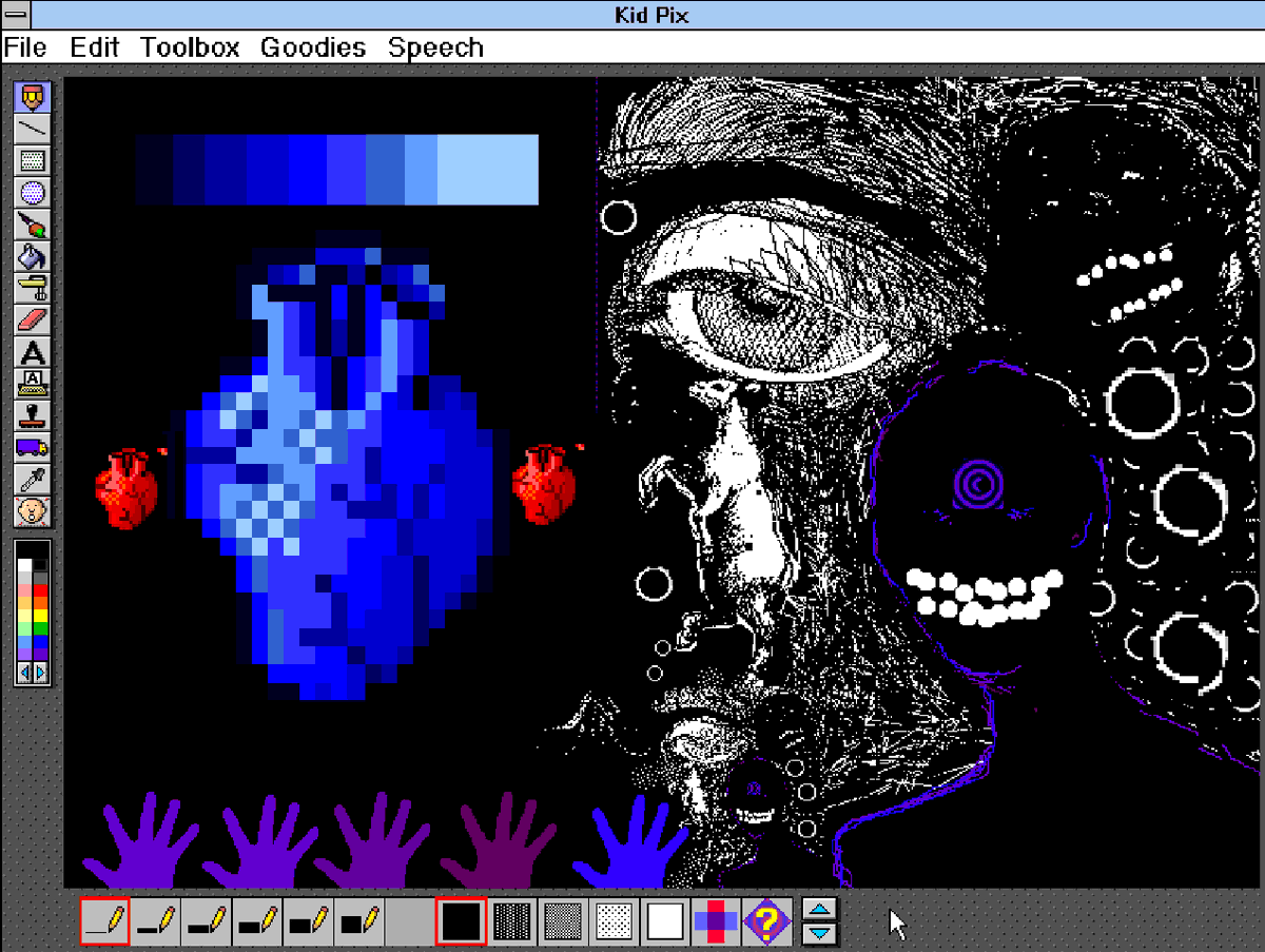 The following thread is for every illustration ive finished in Kid Pix. If you like what you see, check me out on my twitch, Mondays at 6pm est, where I've been streaming the process! https://www.twitch.tv/ohmandaz 